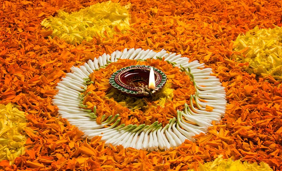 Vibrant marigold garlands in orange and yellow